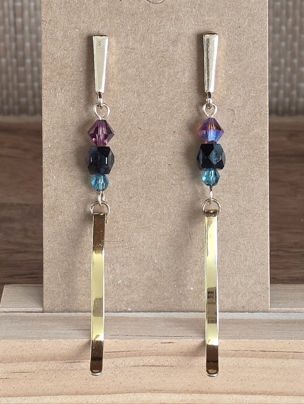 Gold Bar Drop Earrings with Purple, Black and Teal Swarovski Crystals